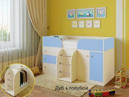 Кровать-чердак Малыш-4 Дуб молочный/Голубой в Куйбышеве - kujbyshev.mebel54.com | фото